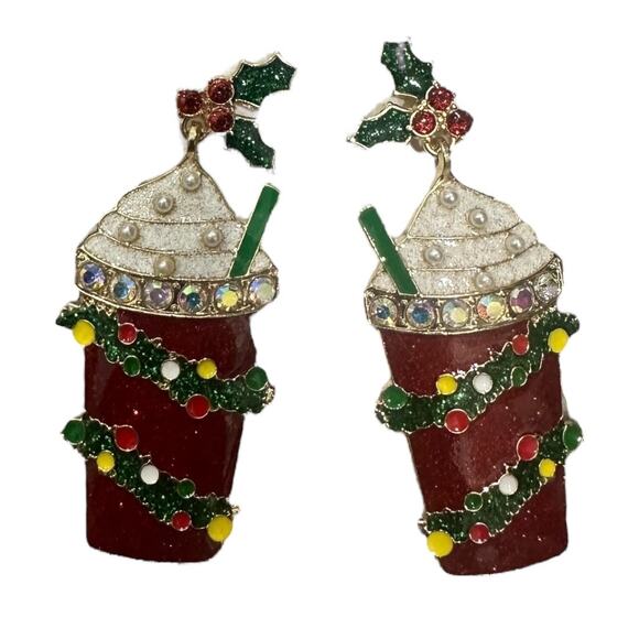 Holiday Time Festive Latte Earrings Goldtone Christmas Jewelry - Picture 1 of 5